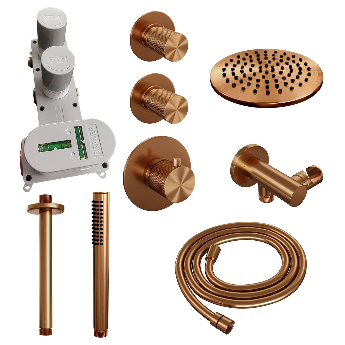 Brauer Carving thermostatische inbouw doucheset - hoofddouche 20cm - plafondbuis - staafhanddouche - Geborsteld Koper PVD