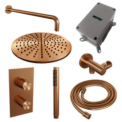 Brauer Carving inbouwset met 3-weg thermostaat - hoofddouche 30cm - gebogen wandarm 40cm - staafhanddouche - wandaansluiting - Geborsteld Koper PVD