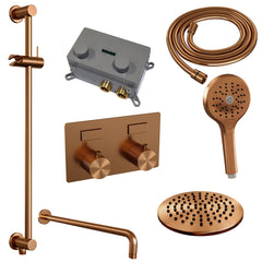 Brauer Carving inbouw doucheset - ronde handdouche - 20cm hoofdouche - gebogen wandarm - glijstang - Geborsteld Koper PVD