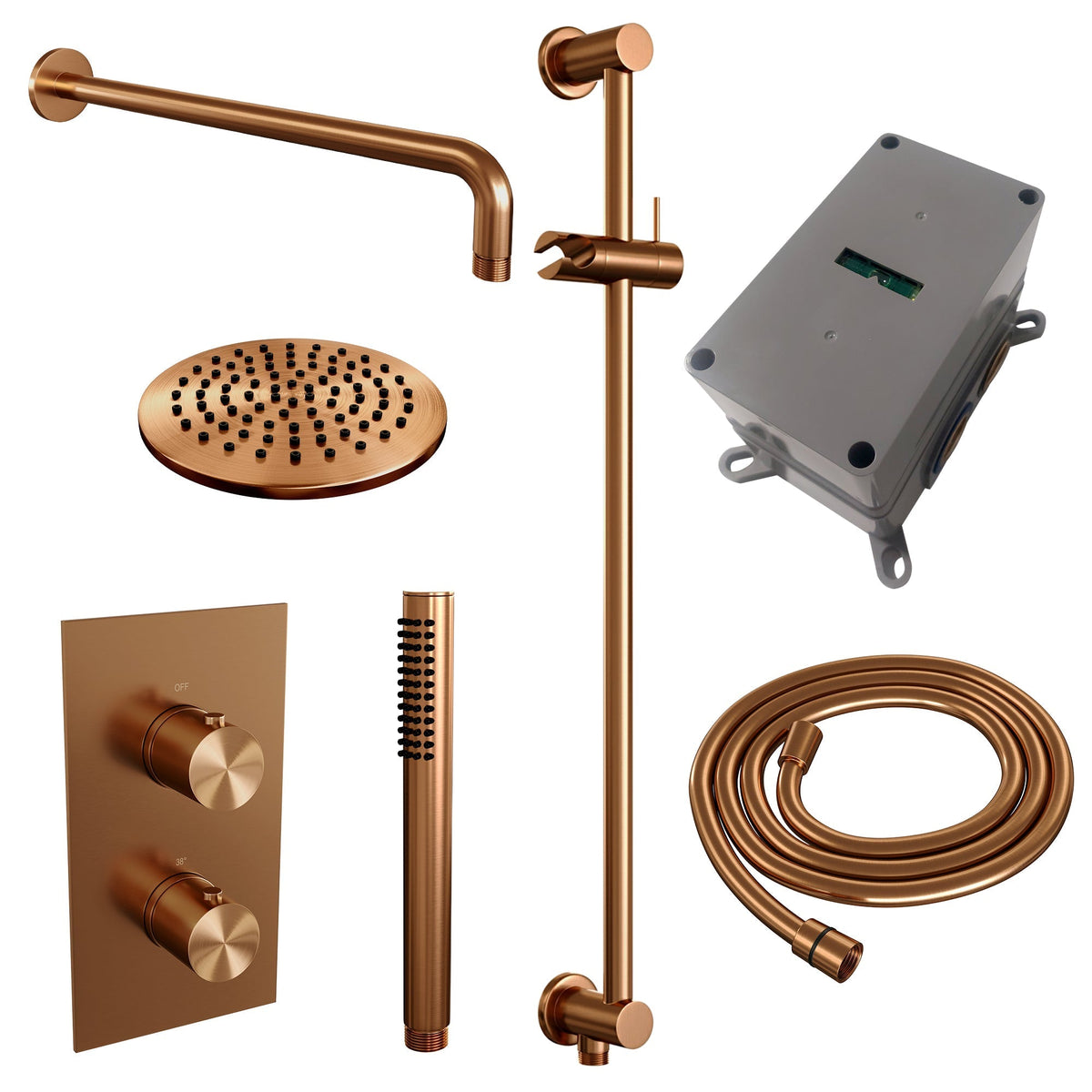 Brauer Edition inbouwset met 3-weg thermostaat - hoofddouche 20cm - gebogen wandarm 40cm - staafhanddouche - glijstang met aansluitbocht - Geborsteld Koper PVD