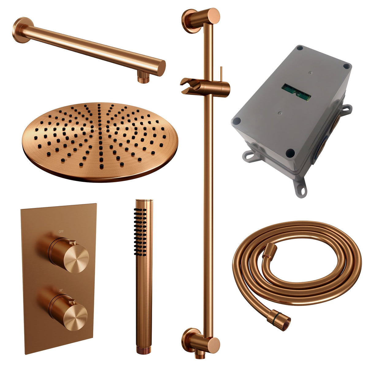 Brauer Edition inbouwset met 3-weg thermostaat - hoofddouche 30cm - rechte wandarm 40cm - staafhanddouche - glijstang met aansluitbocht - Geborsteld Koper PVD