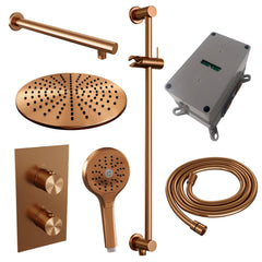 Brauer Edition inbouwset met 3-weg thermostaat - hoofddouche 30cm - rechte wandarm 40cm - staafhanddouche - wandaansluiting - Geborsteld Koper PVD