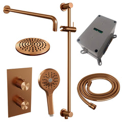 Brauer Carving inbouwset met 3-weg thermostaat - hoofddouche 20cm - gebogen wandarm 40cm - ronde 3-standen handdouche - glijstang met aansluitbocht - Geborsteld Koper PVD