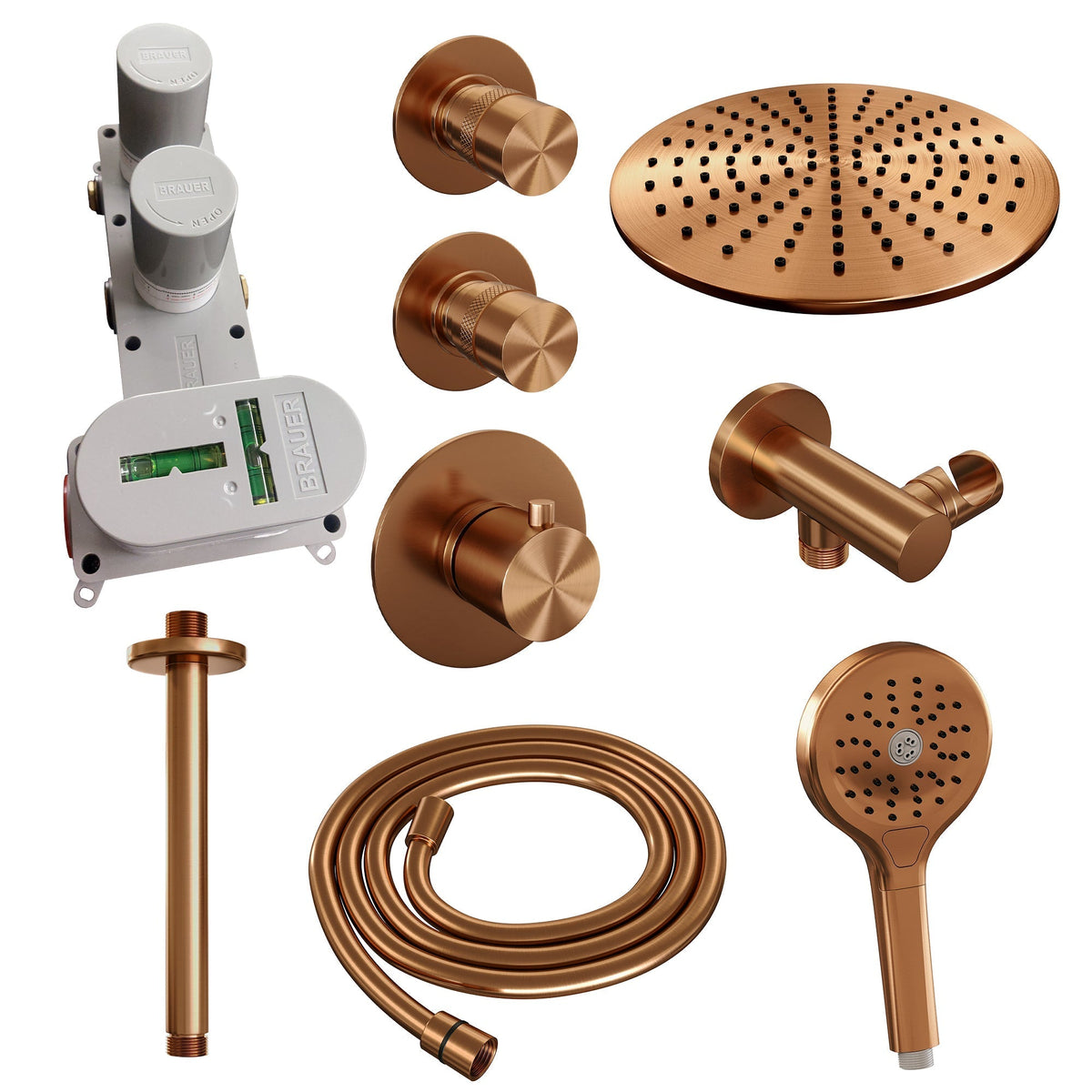 Brauer Edition thermostatische inbouw doucheset - Geborsteld Koper PVD - hoofddouche 30cm - plafondsteun - ronde handdouche