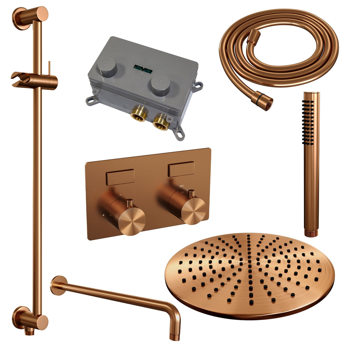 Brauer Edition inbouw doucheset - staafhanddouche - 30cm hoofdouche - gebogen wandarm - glijstang - Geborsteld Koper PVD
