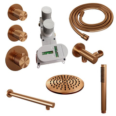 Brauer Carving thermostatische inbouw doucheset - hoofddouche 20cm - rechte wandarm - staafhanddouche - Geborsteld Koper PVD