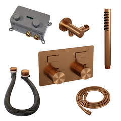 Brauer Brushed Carving thermostatische inbouw badkraan met drukknoppen SET 03 met badvulcombinatie en staaf handdouche en doucheslang en wandaansluitbocht RVS geborsteld PVD -  5-NG-212