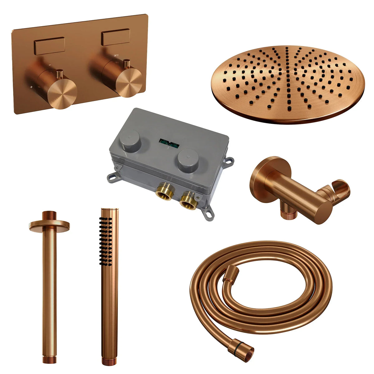 Brauer Edition inbouw doucheset - staafhanddouche - 30cm hoofdouche - plafondbuis - wandsteun - Geborsteld Koper PVD