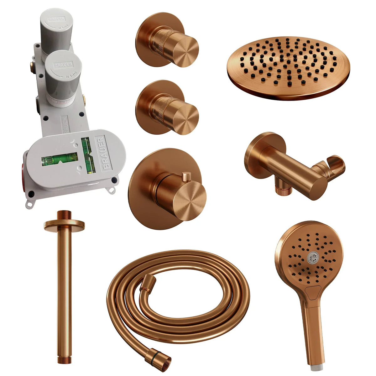 Brauer Edition thermostatische inbouw doucheset - Geborsteld Koper PVD - hoofddouche 20cm - plafondsteun - ronde handdouche - Glijstang