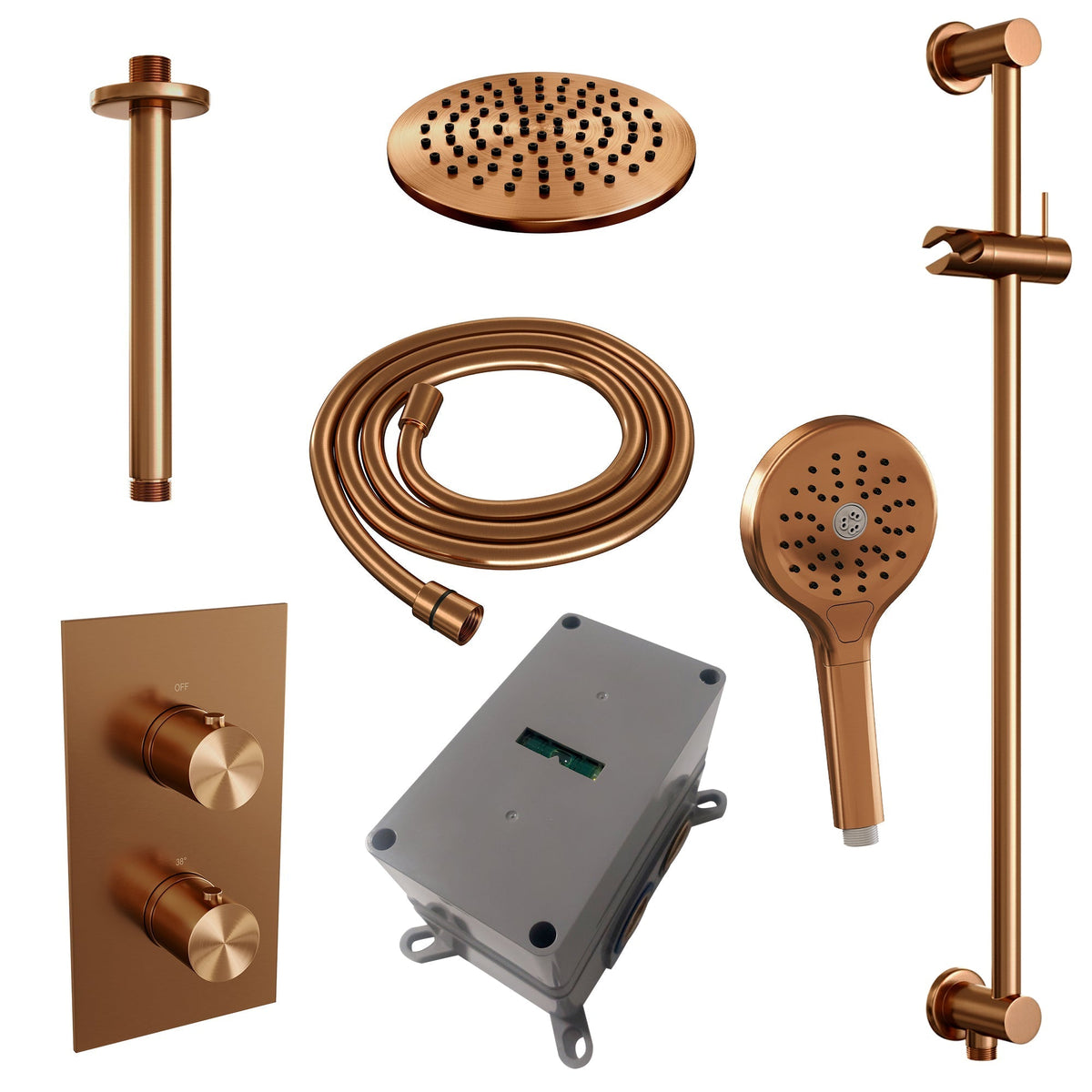Brauer Edition inbouwset met 3-weg thermostaat - hoofddouche 30cm - plafondbuis 20cm - ronde 3-standen handdouche - glijstang met aansluitbocht - Geborsteld Koper PVD