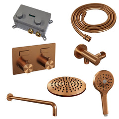 Brauer Edition inbouw doucheset - ronde handdouche - 20cm hoofdouche - gebogen wandarm - wandsteun - Geborsteld Koper PVD