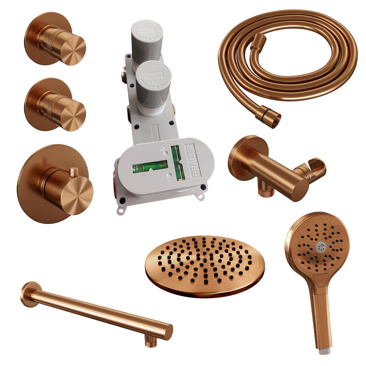 Brauer Edition thermostatische inbouw doucheset - Geborsteld Koper PVD - hoofddouche 20cm - wandarm - ronde handdouche