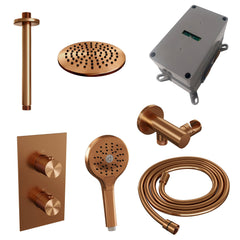Brauer Carving inbouwset met 3-weg thermostaat - hoofddouche 30cm - plafondbuis 20cm - ronde 3-standen handdouche - wandaansluiting - Geborsteld Koper PVD