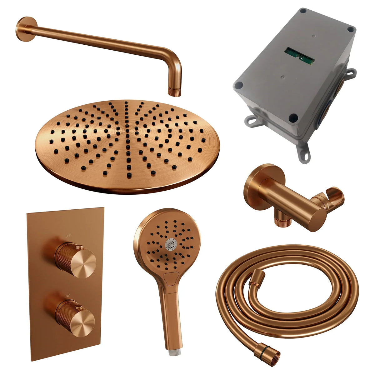 Brauer Carving inbouwset met 3-weg thermostaat - hoofddouche 30cm - gebogen wandarm 40cm - ronde 3-standen handdouche - wandaansluiting - Geborsteld Koper PVD