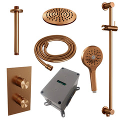 Brauer Edition inbouwset met 3-weg thermostaat - hoofddouche 20cm - plafondbuis 20cm - ronde 3-standen handdouche - glijstang met aansluitbocht - Geborsteld Koper PVD