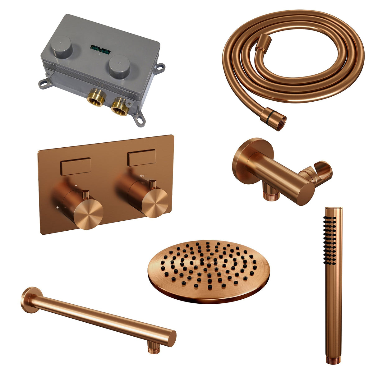 Brauer Edition inbouw doucheset - staafhanddouche - 20cm hoofdouche - rechte wandarm - wandsteun - Geborsteld Koper PVD