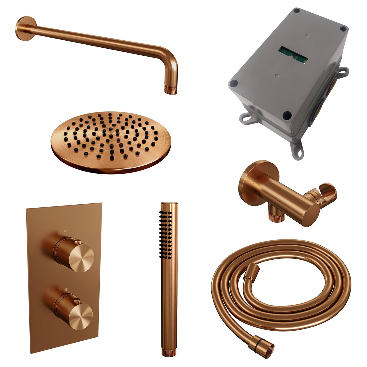 Brauer Edition inbouwset met 3-weg thermostaat - hoofddouche 20cm - gebogen wandarm 40cm - staafhanddouche - wandaansluiting - Geborsteld Koper PVD