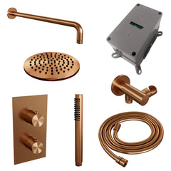 Brauer Edition inbouwset met 3-weg thermostaat - hoofddouche 20cm - gebogen wandarm 40cm - staafhanddouche - wandaansluiting - Geborsteld Koper PVD