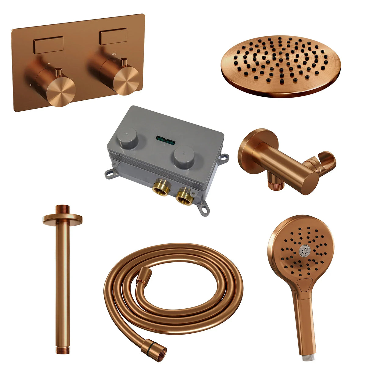 Brauer Edition inbouw doucheset - ronde handdouche - 20cm hoofdouche - plafondbuis - wandsteun - Geborsteld Koper PVD