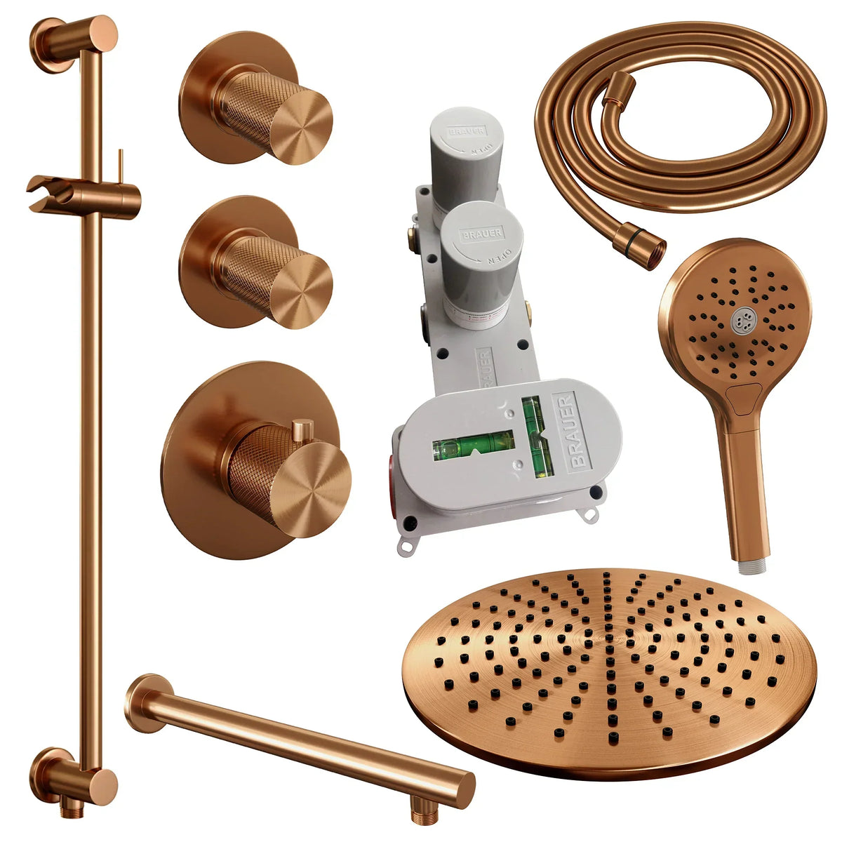 Brauer Carving thermostatische inbouw doucheset - hoofddouche 30cm - rechte wandarm - 3 standen handdouche rond - Glijstang - Geborsteld Koper PVD