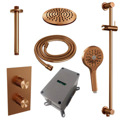 Brauer Carving inbouwset met 3-weg thermostaat - hoofddouche 30cm - plafondbuis 20cm - ronde 3-standen handdouche - glijstang met aansluitbocht - Geborsteld Koper PVD