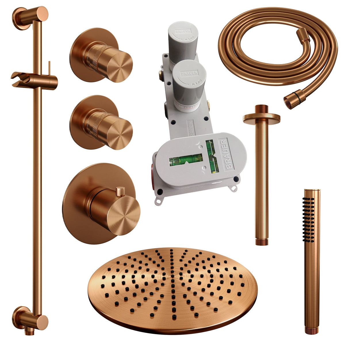 Brauer Edition thermostatische inbouw doucheset - Geborsteld Koper PVD - hoofddouche 30cm - plafondsteun - staafhanddouche - Glijstang