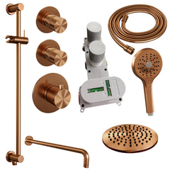 Brauer Edition thermostatische inbouw doucheset - hoofddouche 20cm - wandarm gebogen - ronde handdouche - Glijstang - Geborsteld Koper PVD
