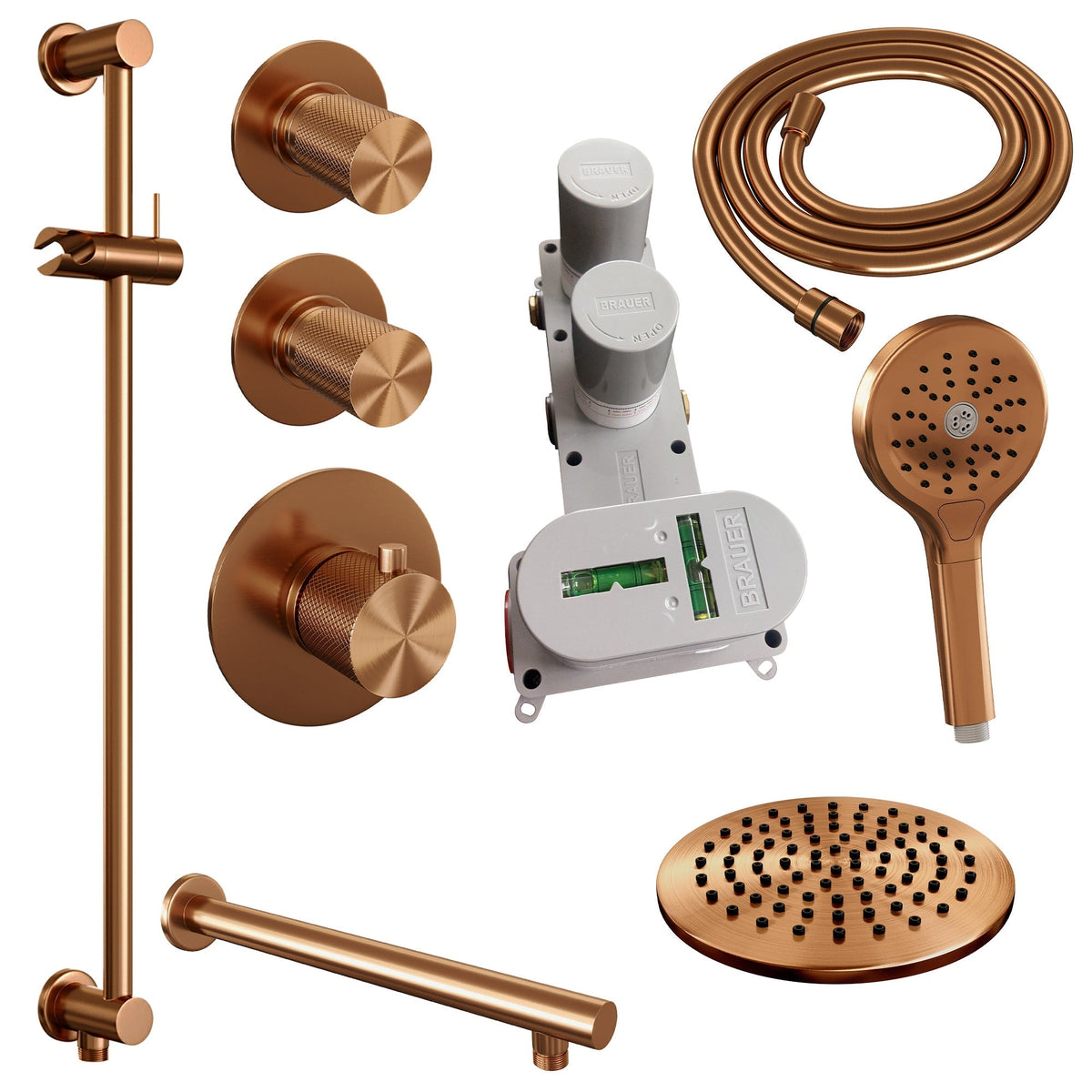 Brauer Carving thermostatische inbouw doucheset - hoofddouche 20cm - rechte wandarm - 3 standen handdouche rond - Glijstang - Geborsteld Koper PVD