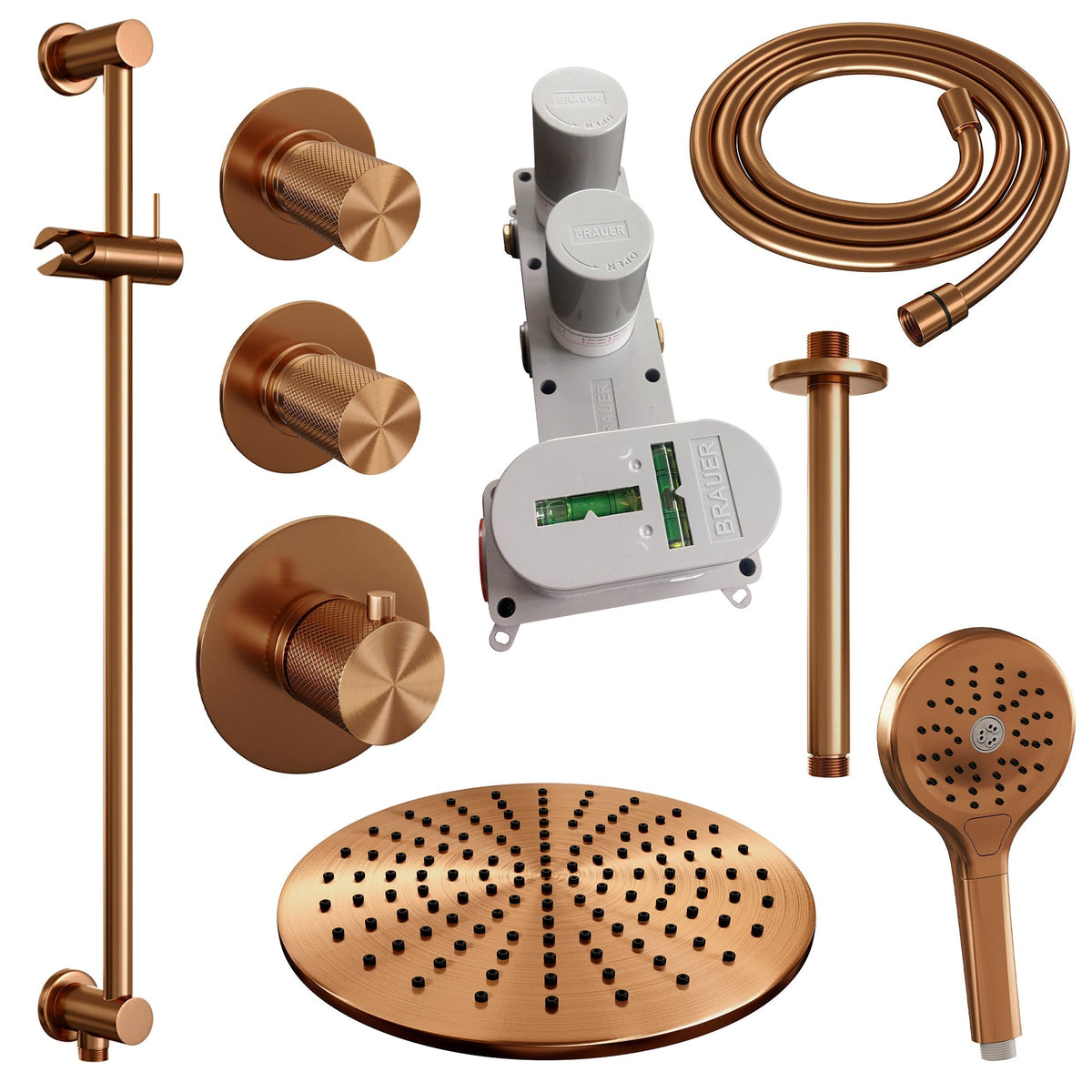 Brauer Carving thermostatische inbouw doucheset - hoofddouche 30cm - plafondbuis - 3 standen handdouche rond - Glijstang - Geborsteld Koper PVD