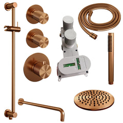 Brauer Carving thermostatische inbouw doucheset - hoofddouche 20cm - gebogen wandarm - staafhanddouche - Glijstang - Geborsteld Koper PVD