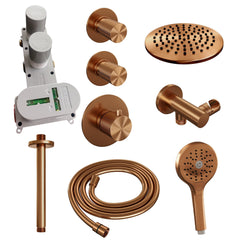 Brauer Carving thermostatische inbouw doucheset - hoofddouche 20cm - plafondbuis - 3 standen handdouche rond - Geborsteld Koper PVD