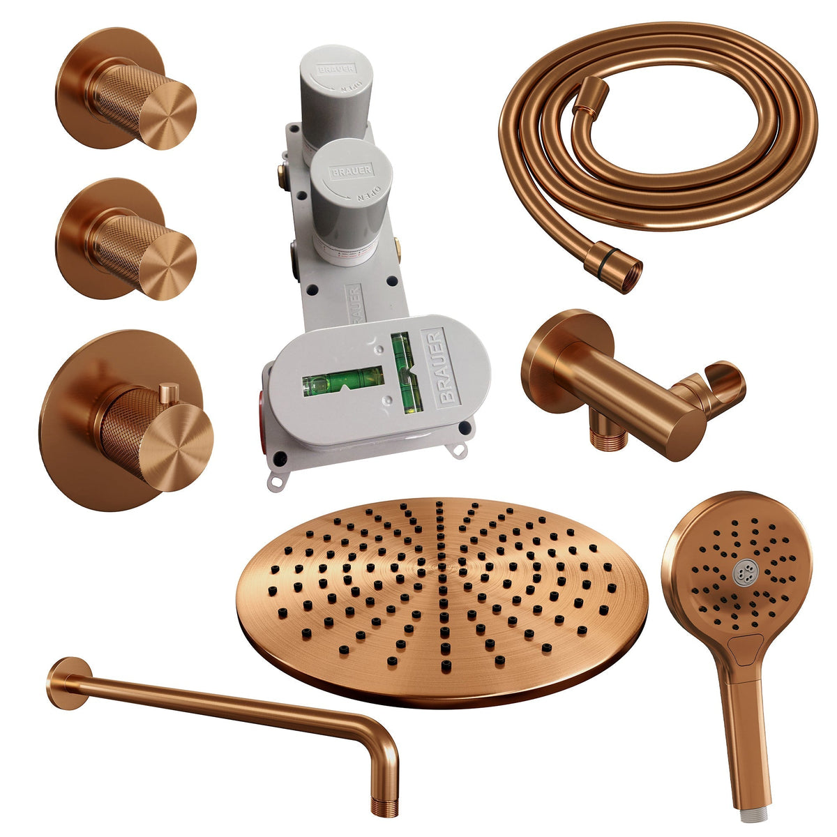 Brauer Carving thermostatische inbouw doucheset - hoofddouche 30cm - gebogen wandarm - 3 standen handdouche rond - Geborsteld Koper PVD