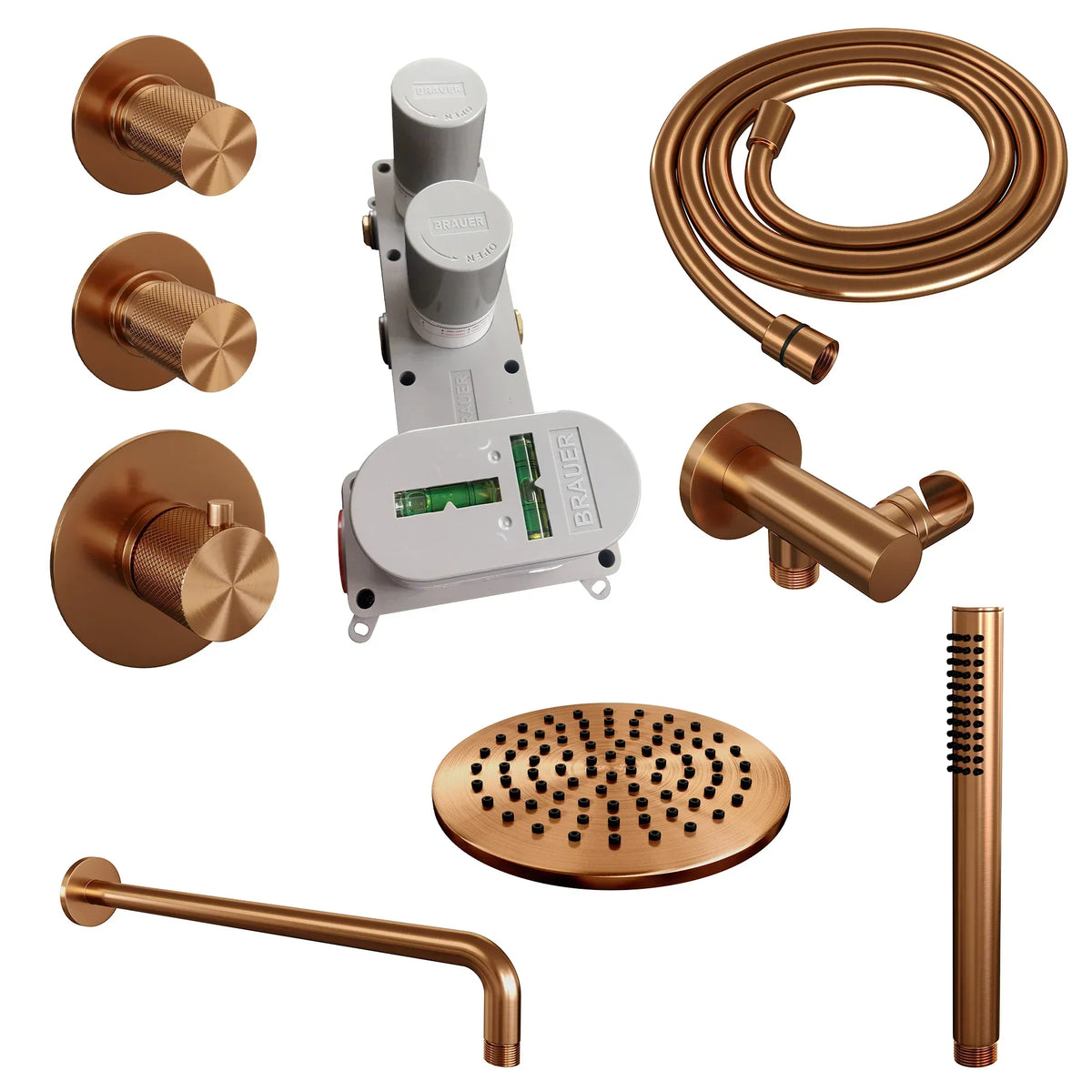 Brauer Carving thermostatische inbouw doucheset - hoofddouche 20cm - gebogen wandarm - staafhanddouche - Geborsteld Koper PVD