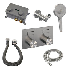 Brauer Brushed Carving thermostatische inbouw badkraan met drukknoppen SET 04 met badvulcombinatie en 3-standen handdouche en doucheslang en wandaansluitbocht Geborsteld RVS PVD -  5-NG-213