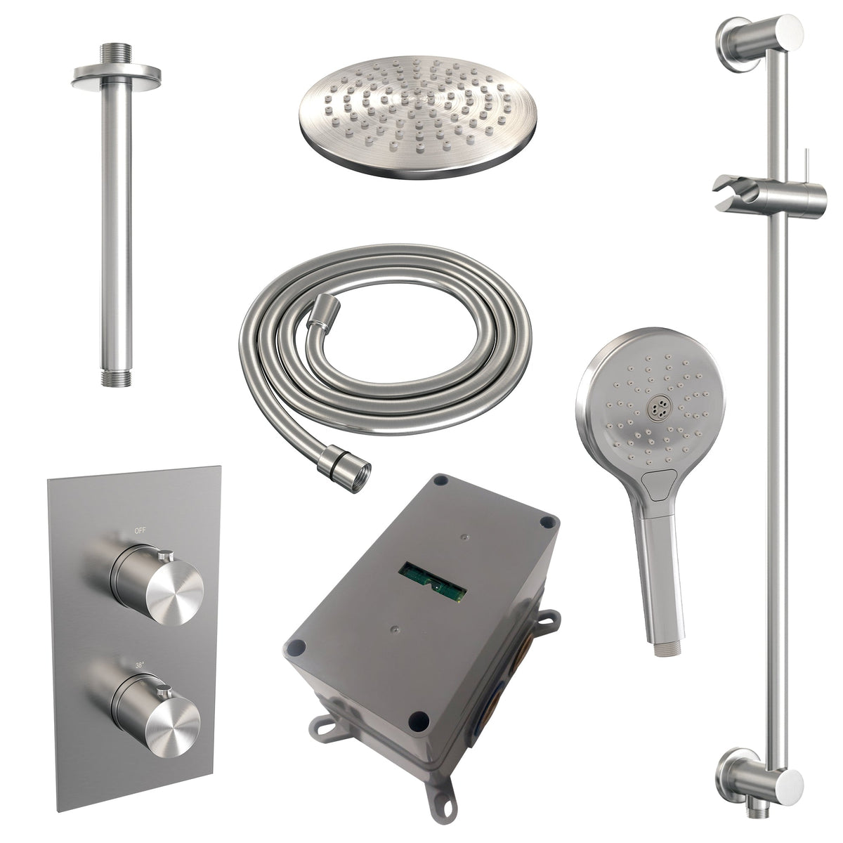 Brauer Edition inbouwset met 3-weg thermostaat - hoofddouche 20cm - plafondbuis 20cm - ronde 3-standen handdouche - glijstang met aansluitbocht - geborsteld RVS PVD