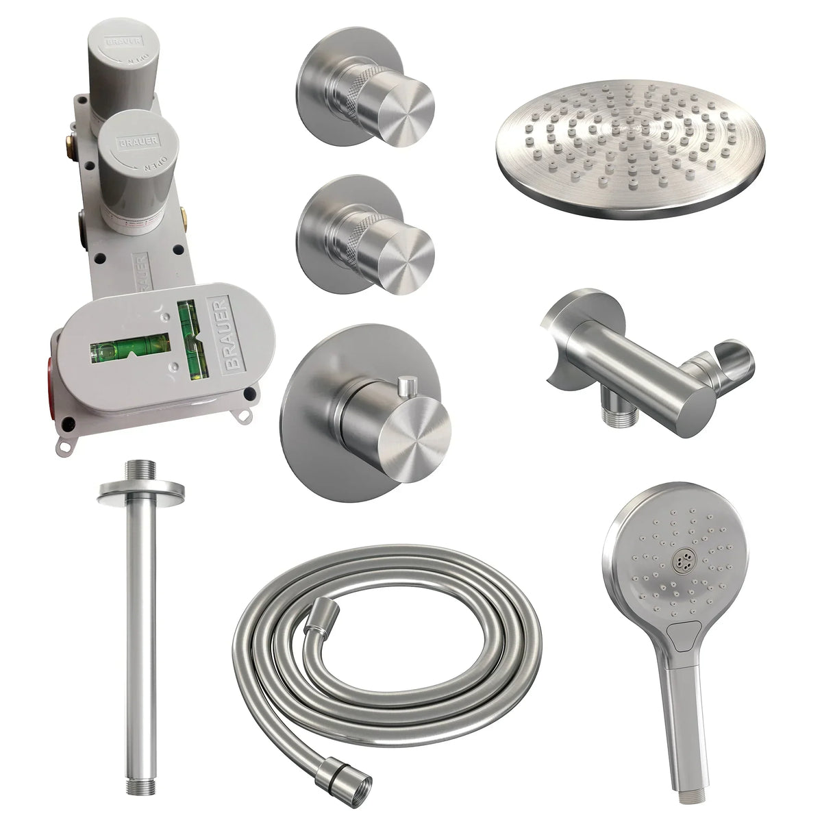 Brauer Edition thermostatische inbouw doucheset - geborsteld RVS PVD - hoofddouche 20cm - plafondsteun - ronde handdouche - Glijstang - geborsteld RVS PVD