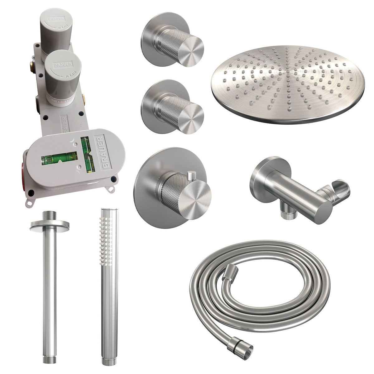Brauer Carving thermostatische inbouw doucheset - hoofddouche 30cm - plafondbuis - staafhanddouche - geborsteld RVS PVD