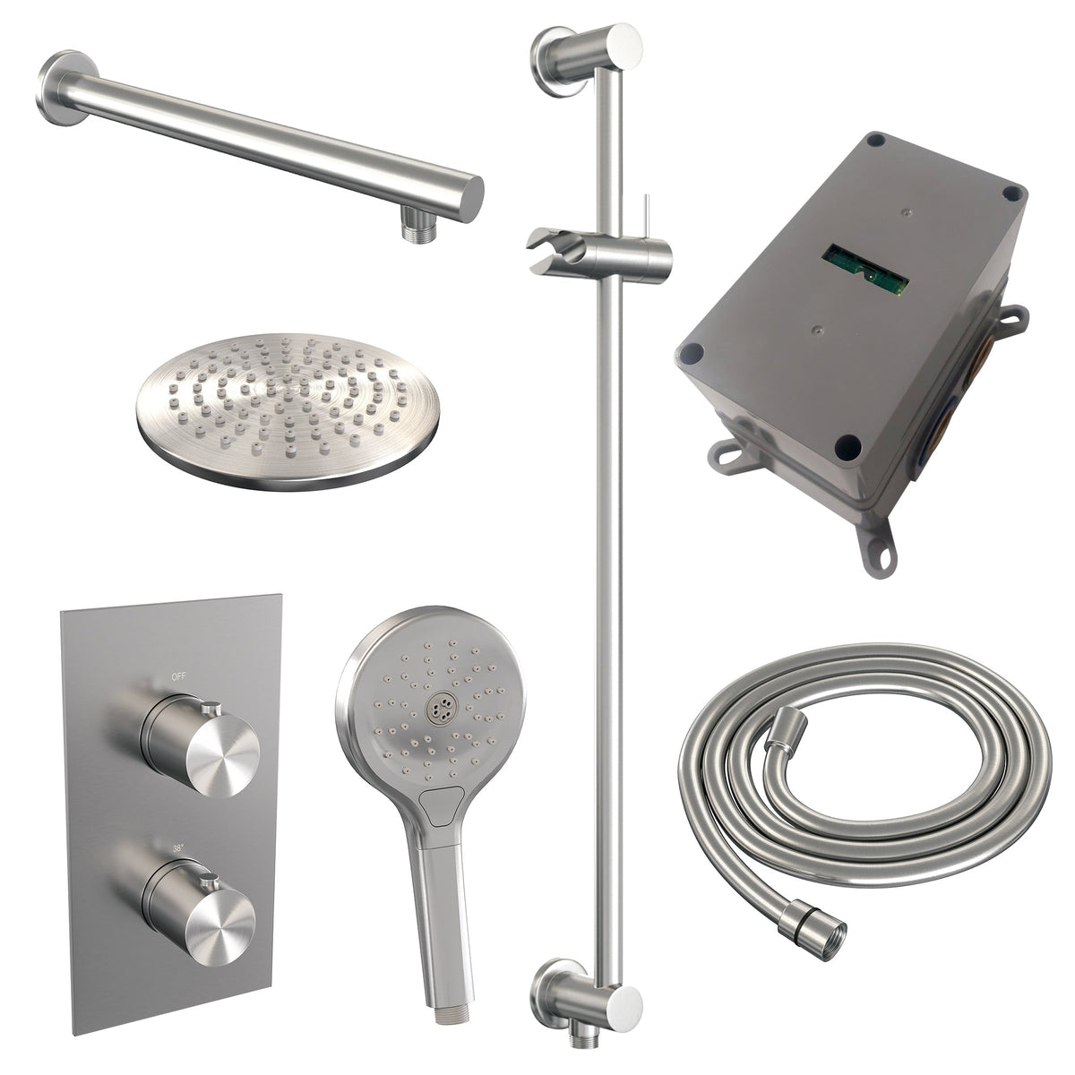 Brauer Edition inbouwset met 3-weg thermostaat - hoofddouche 20cm - rechte wandarm 40cm - ronde 3-standen handdouche - glijstang met aansluitbocht - geborsteld RVS PVD