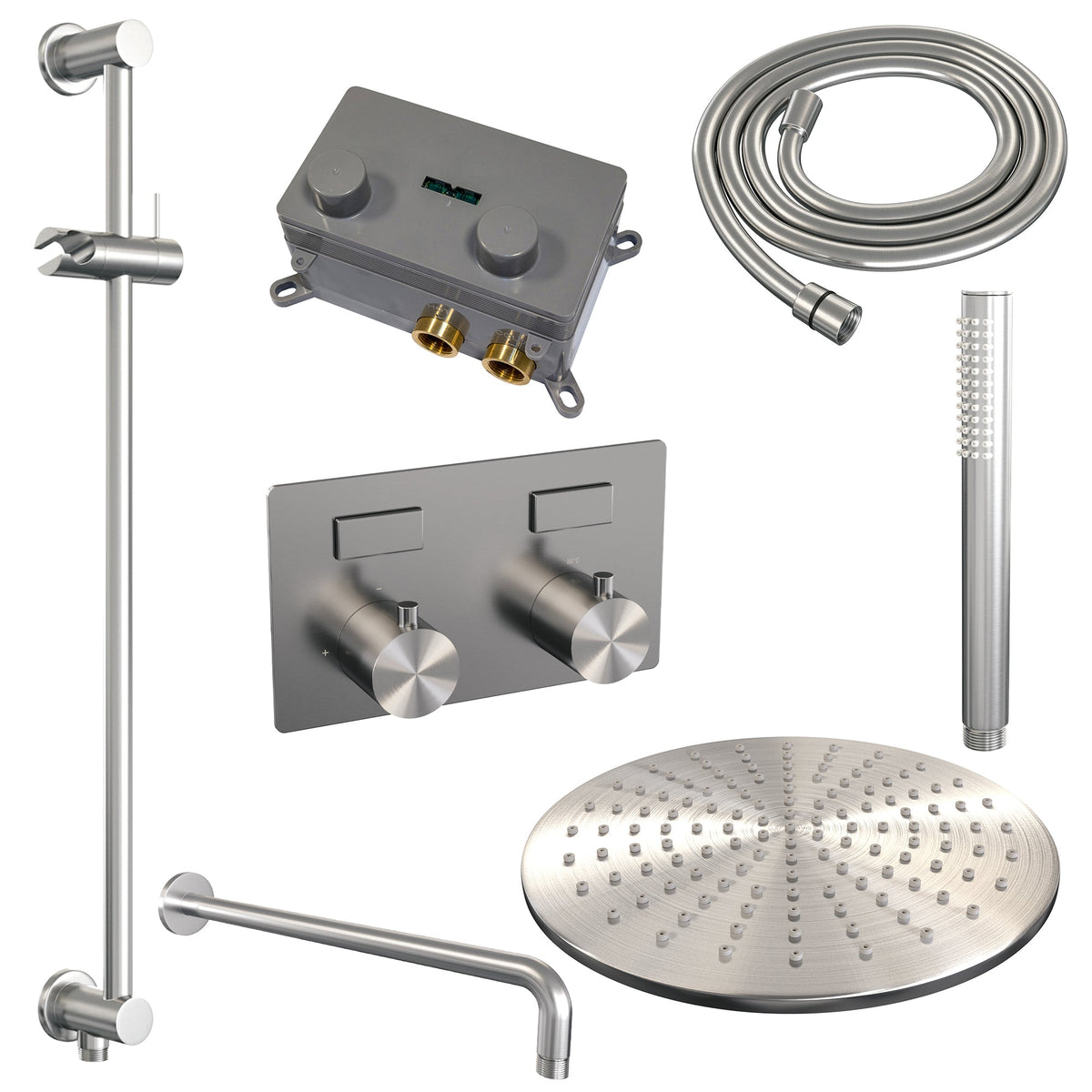Brauer Edition inbouw doucheset - staafhanddouche - 30cm hoofdouche - gebogen wandarm - glijstang - geborsteld rvs PVD