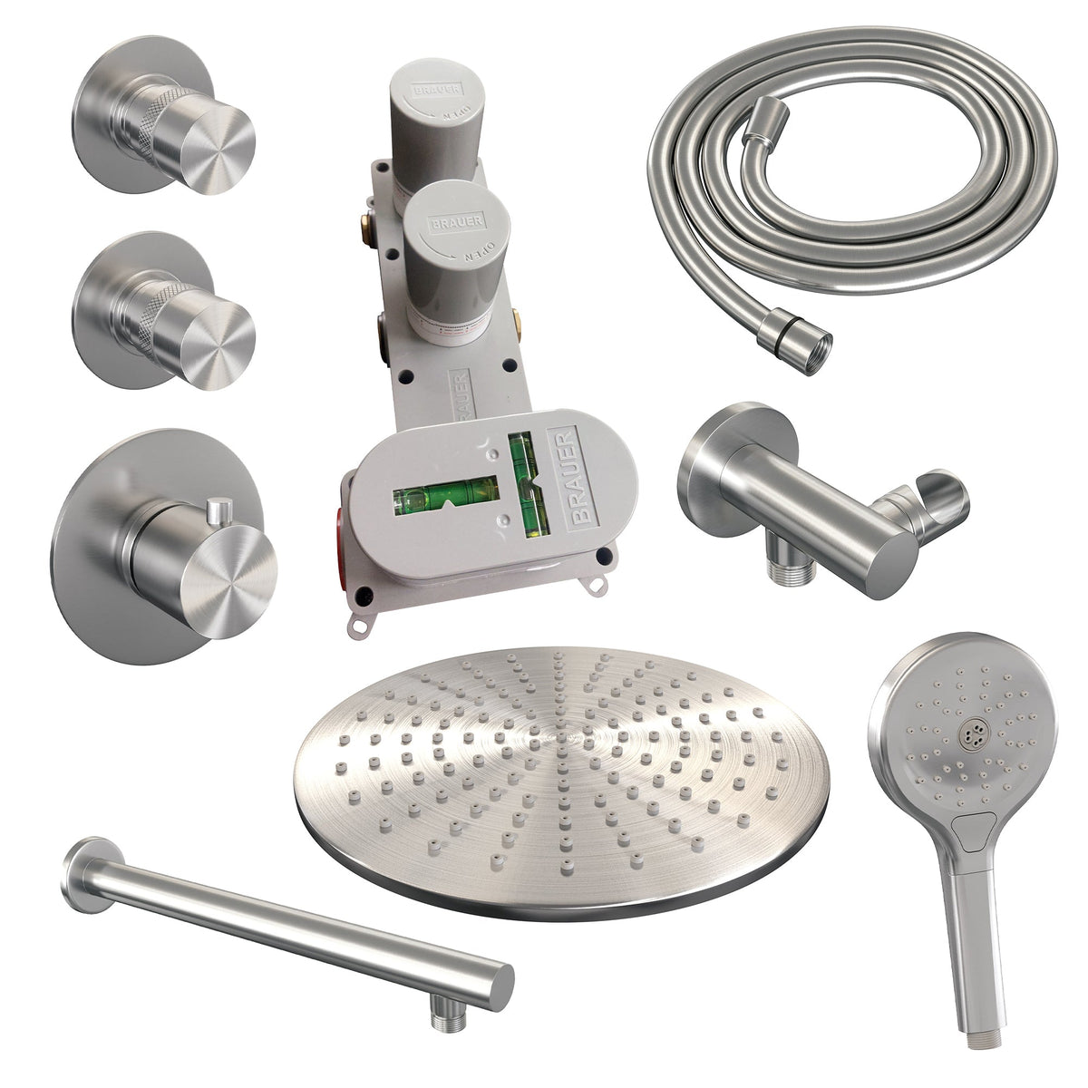 Brauer Edition thermostatische inbouw doucheset - geborsteld RVS PVD - hoofddouche 30cm - wandarm - ronde handdouche - geborsteld RVS PVD