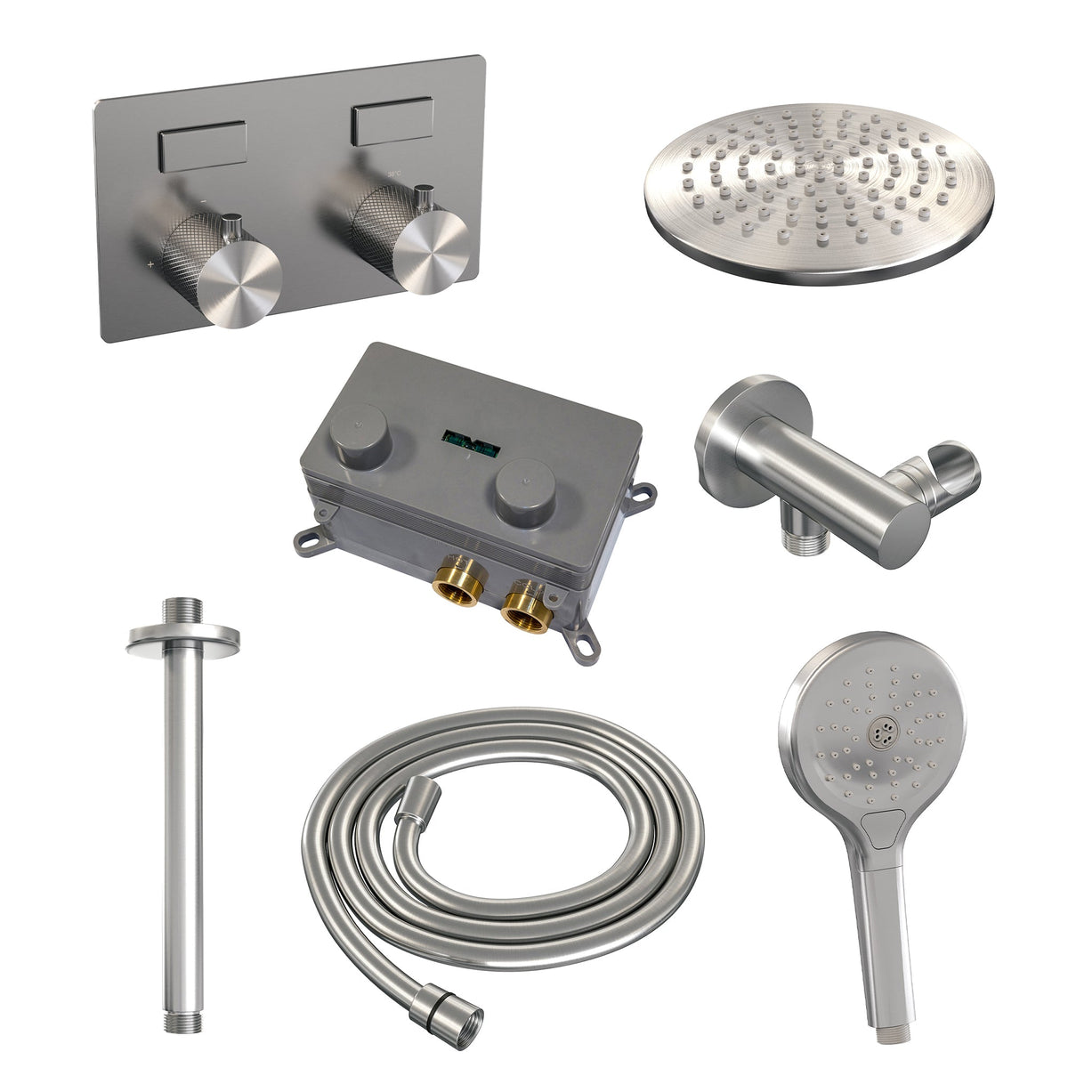 Brauer Carving inbouw doucheset - ronde handdouche - 30cm hoofdouche - plafondbuis - wandsteun - geborsteld rvs PVD