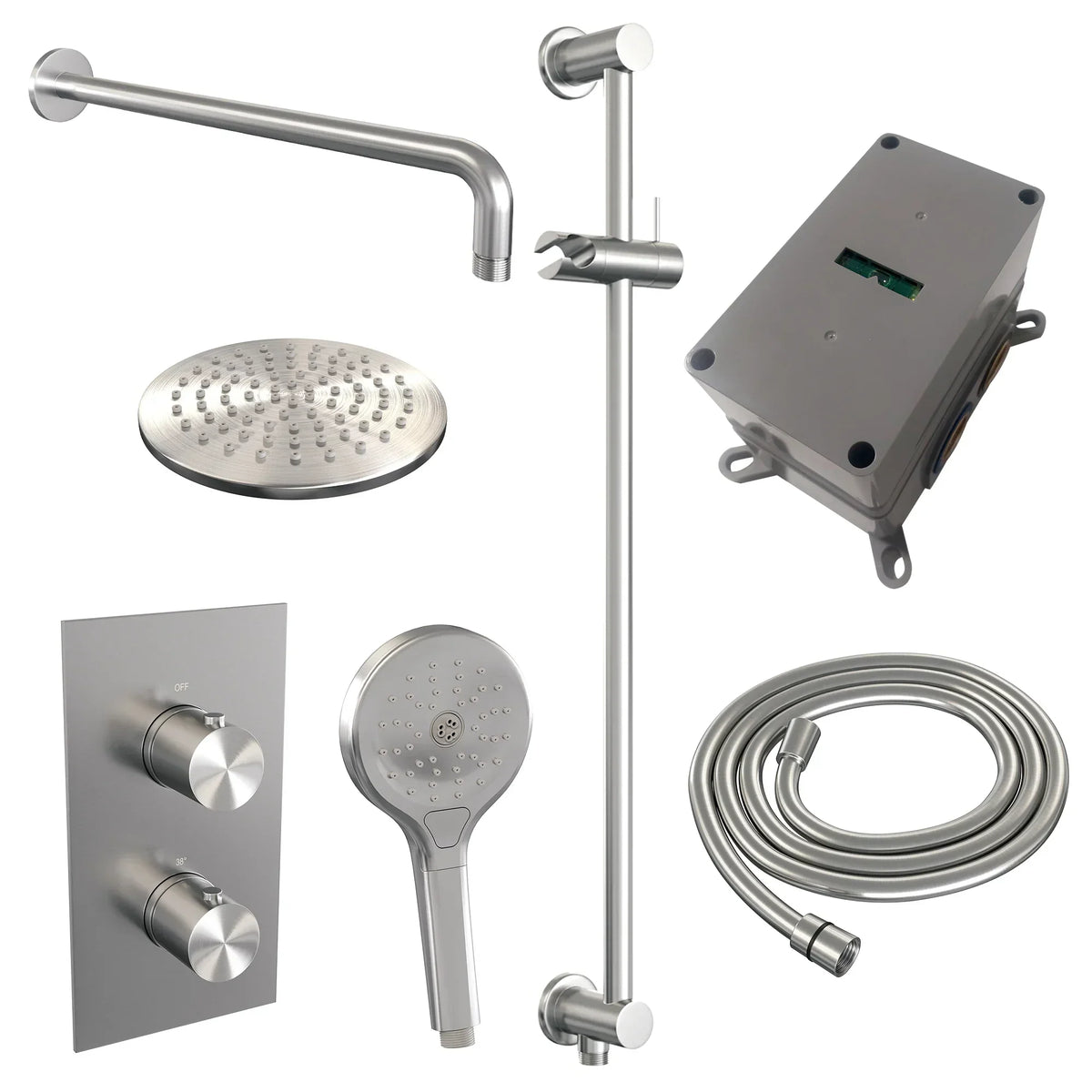 Brauer Edition inbouwset met 3-weg thermostaat - hoofddouche 20cm - gebogen wandarm 40cm - ronde 3-standen handdouche - glijstang met aansluitbocht - geborsteld RVS PVD