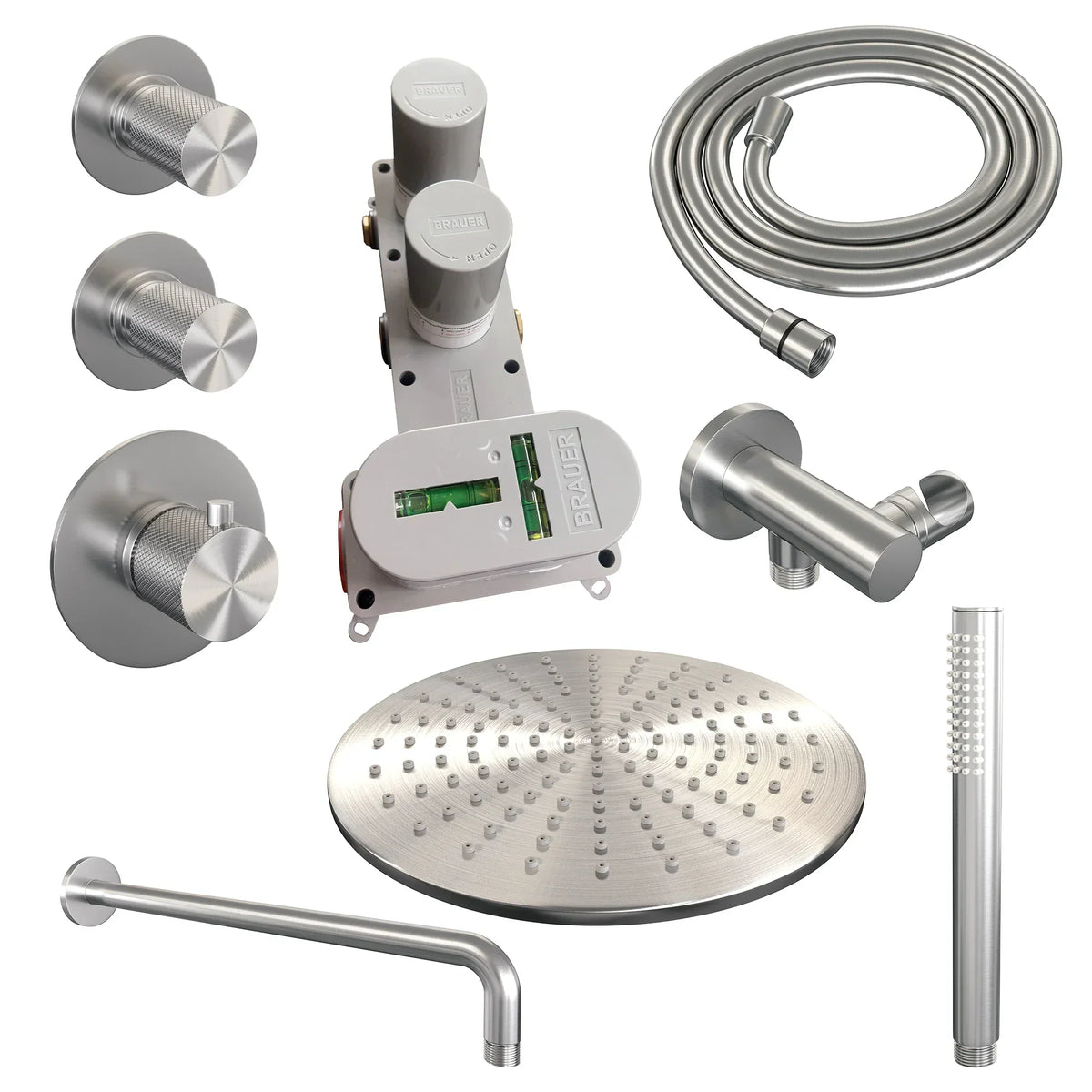 Brauer Carving thermostatische inbouw doucheset - hoofddouche 30cm - gebogen wandarm - staafhanddouche - geborsteld RVS PVD