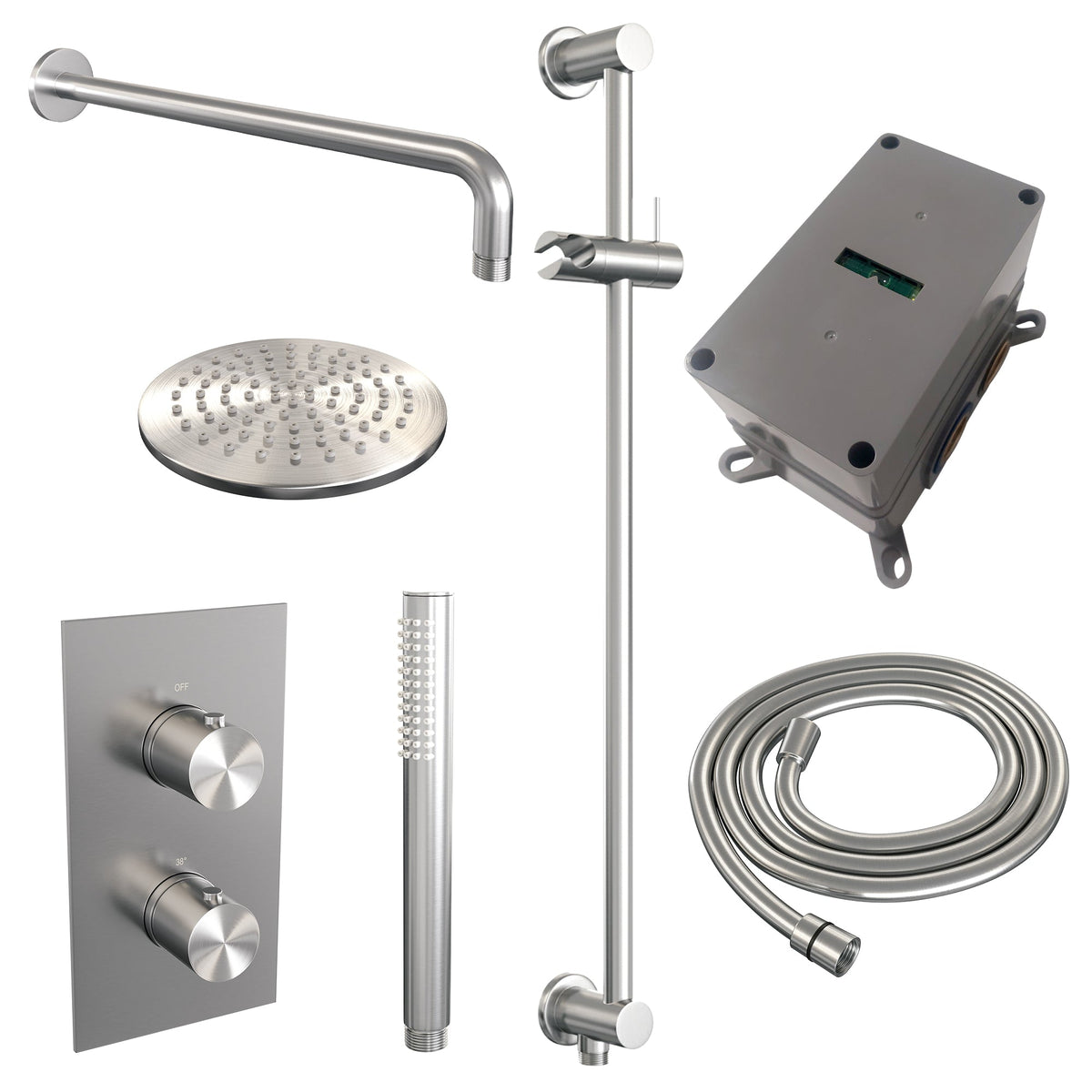 Brauer Edition inbouwset met 3-weg thermostaat - hoofddouche 20cm - gebogen wandarm 40cm - staafhanddouche - glijstang met aansluitbocht - geborsteld RVS PVD