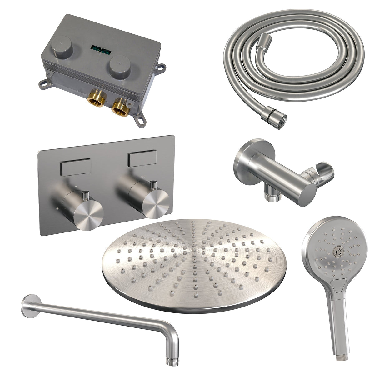 Brauer Edition inbouw doucheset - ronde handdouche - 30cm hoofdouche - gebogen wandarm - wandsteun - geborsteld rvs PVD
