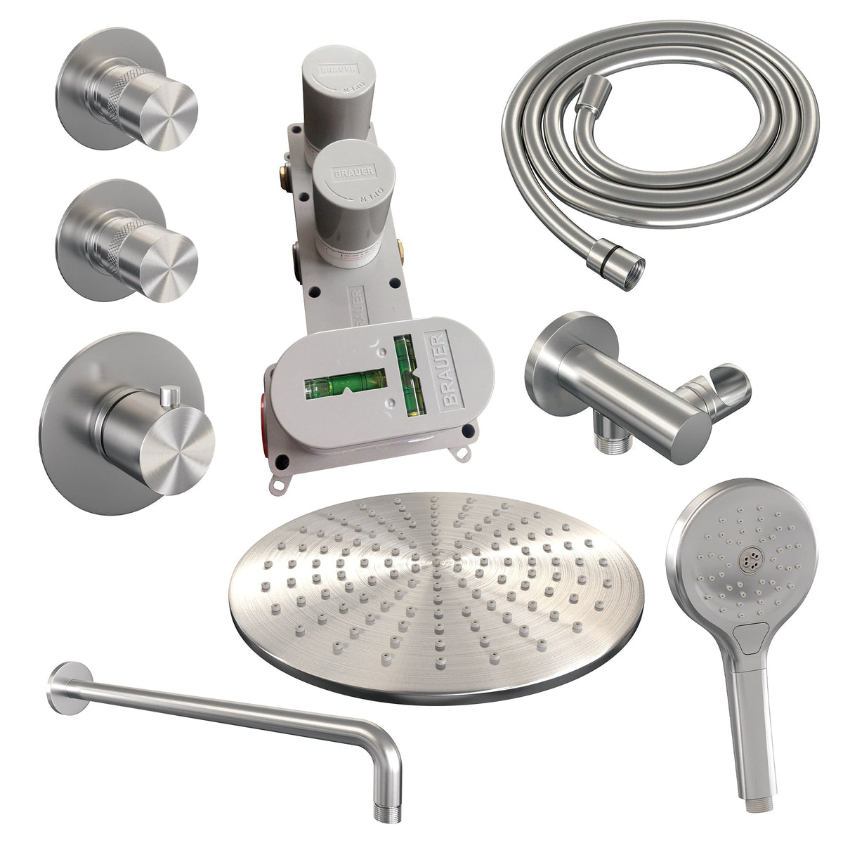 Brauer Edition thermostatische inbouw doucheset - hoofddouche 30cm - wandarm gebogen - ronde handdouche - geborsteld RVS PVD