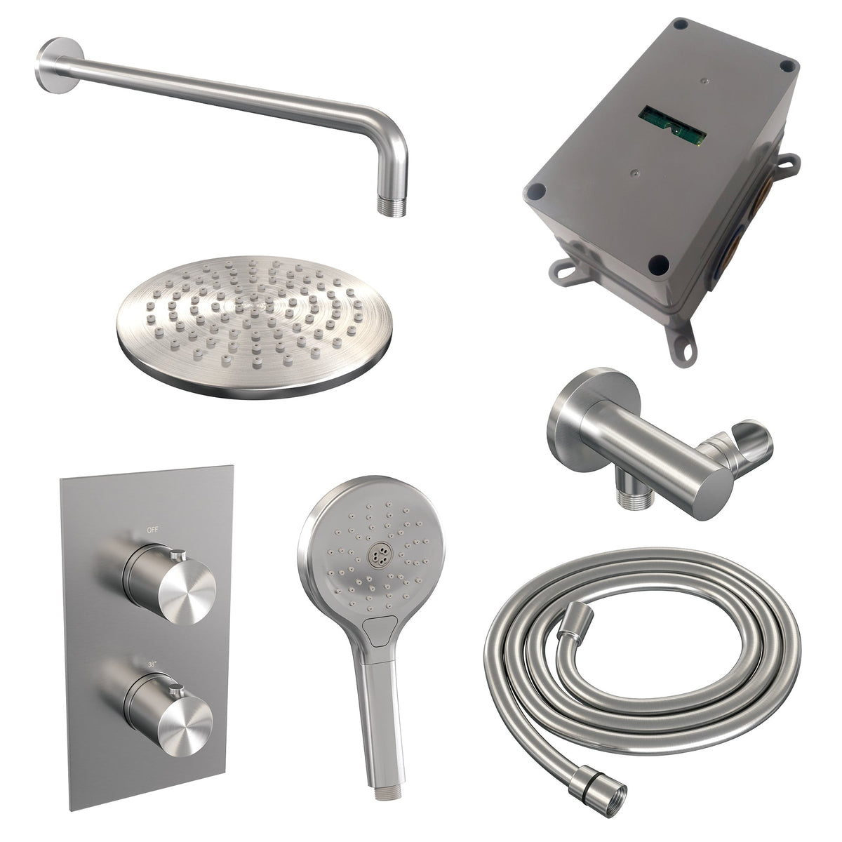 Brauer Edition inbouwset met 3-weg thermostaat - hoofddouche 20cm - gebogen wandarm 40cm - ronde 3-standen handdouche - wandaansluiting - geborsteld RVS PVD
