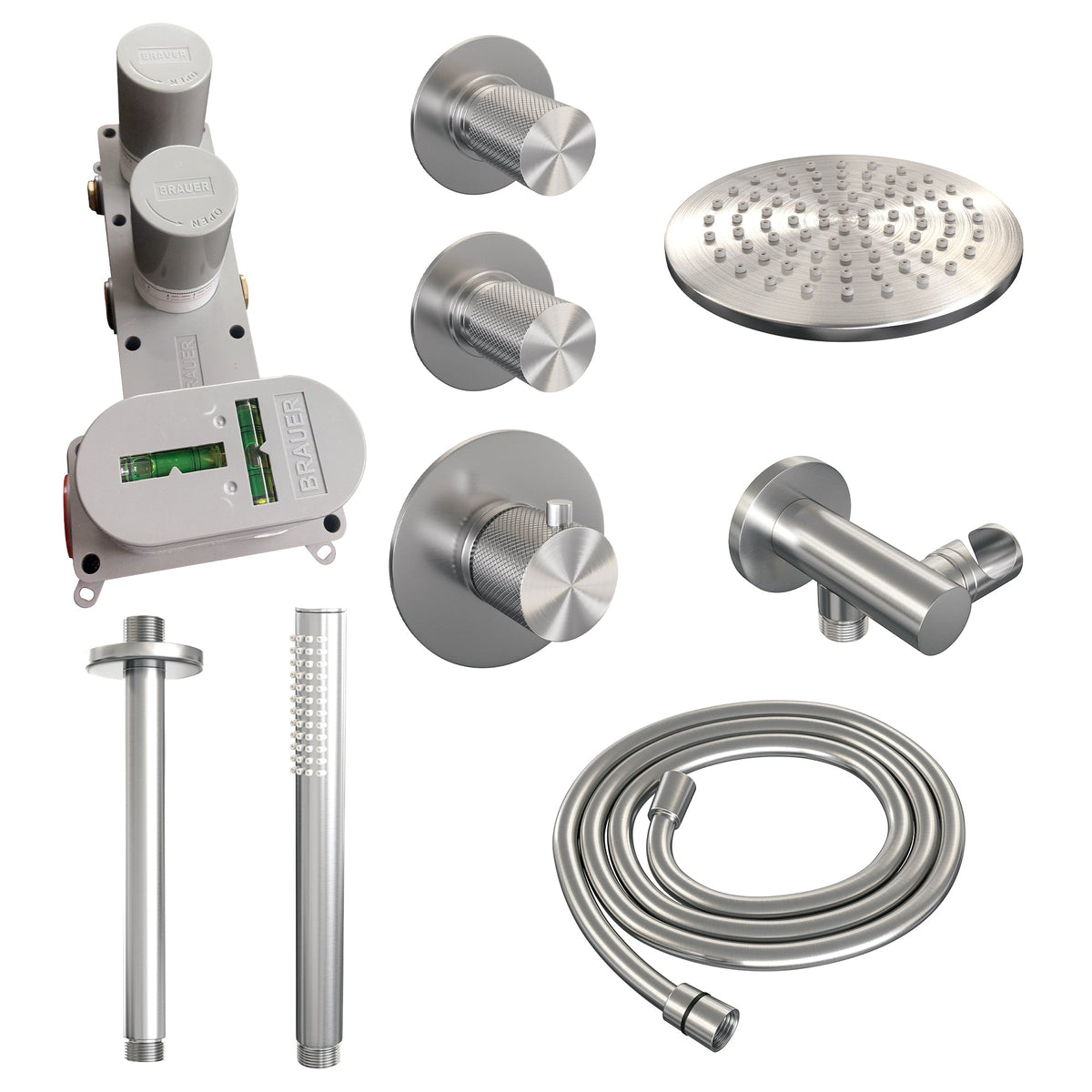 Brauer Carving thermostatische inbouw doucheset - hoofddouche 20cm - plafondbuis - staafhanddouche - chroom