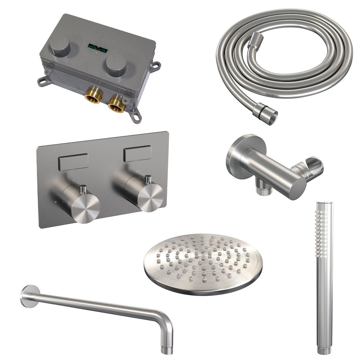 Brauer Edition inbouw doucheset - staafhanddouche - 20cm hoofdouche - gebogen wandarm - wandsteun - geborsteld rvs PVD
