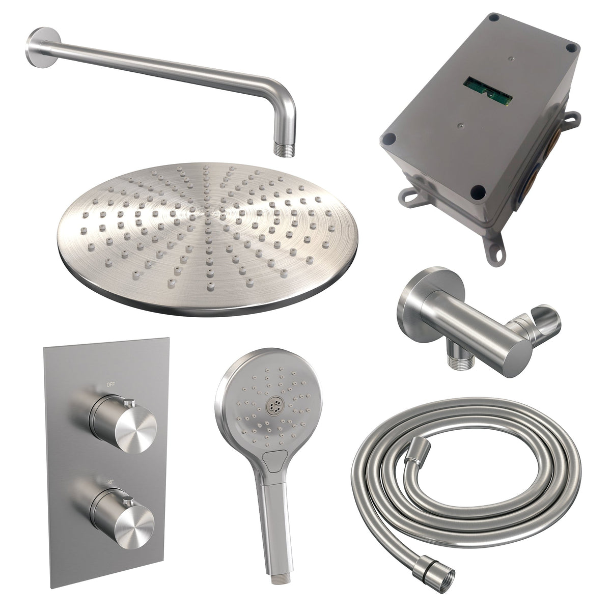 Brauer Edition inbouwset met 3-weg thermostaat - hoofddouche 30cm - gebogen wandarm 40cm - ronde 3-standen handdouche - wandaansluiting - geborsteld RVS PVD